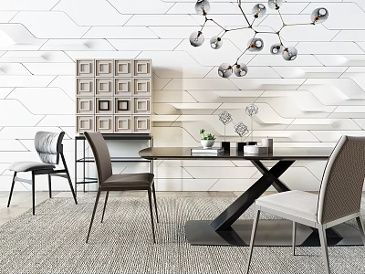 Modern Dining Table Set With Matching Chairs Geometric Pattern Wall Pendant Light And Neutral Rug 3d model