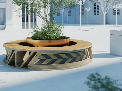 Circular Wooden Landscape Seating With Herringbone Pattern Central Metal Planter Green Plants Outdoor Garden 3d model
