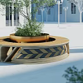 Circular Wooden Landscape Seating With Herringbone Pattern Central Metal Planter Green Plants Outdoor Garden