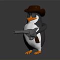 3D Penguin Character Wearing Brown Cowboy Hat Sunglasses Holding Revolver