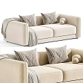 Modern Beige Fabric Two Seater Sofa With Striped Pillows Throw Blanket And Decorative Balls