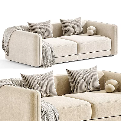 Modern Beige Fabric Two Seater Sofa With Striped Pillows Throw Blanket And Decorative Balls 3d model