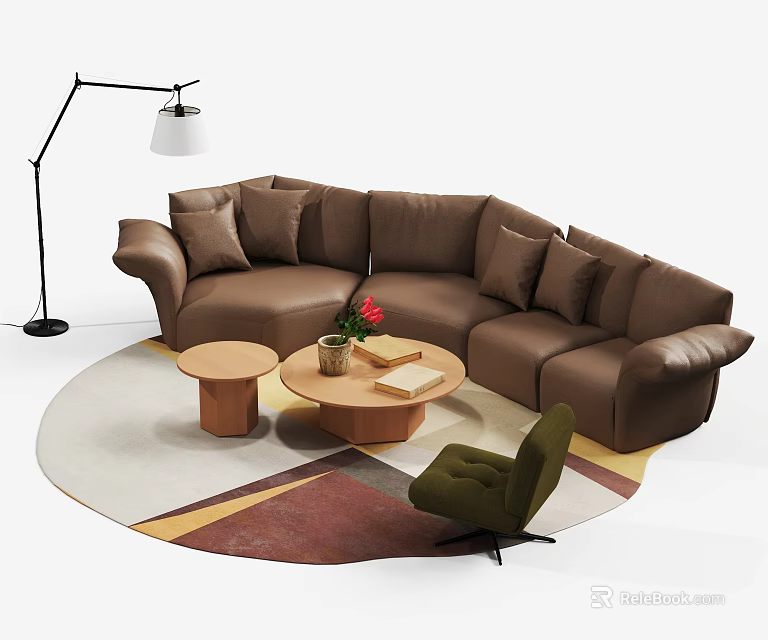 Brown L Shaped Sofa Coffee Table Set With Round Top Flowers Lamp Rug And Chair 3d model 