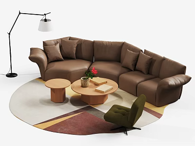 Brown L Shaped Sofa Coffee Table Set With Round Top Flowers Lamp Rug And Chair 3d model