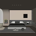 Modern Bedroom Interior Design With Neutral Tones Bed Headboard Wardrobe Chair Rug And Artwork
