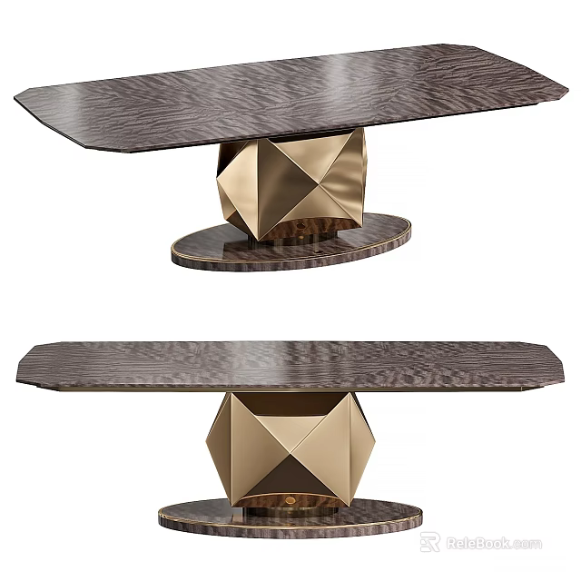 Elegant Modern Dining Table With Wooden Surface And Geometric Gold Base 3d model 
