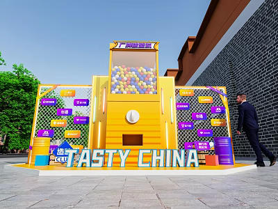 Tasty China Themed Yellow Installation With Colorful Balls Purple Signs Green Plants And Brick Wall 3d model