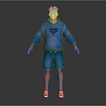 3D Character Model Wearing Blue Hoodie And Blue Shorts With White Shoes On Gray Background