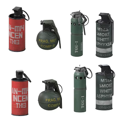 Various Military Grenades Including Incendiary Fragmentation Smoke Types with M14 M67 M18 Red Green White 3d model