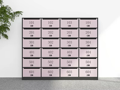 Organized Storage Lockers With Numbered Compartments Pink Doors And Green Plant 3d model
