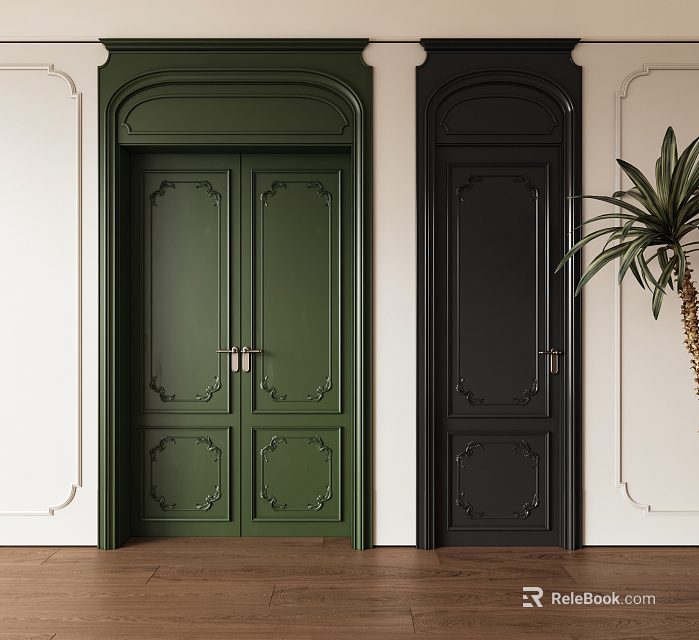 Dark Colored Double Doors With Decorative Panels In Interior With Wooden Floor And Potted Plant 3d model 
