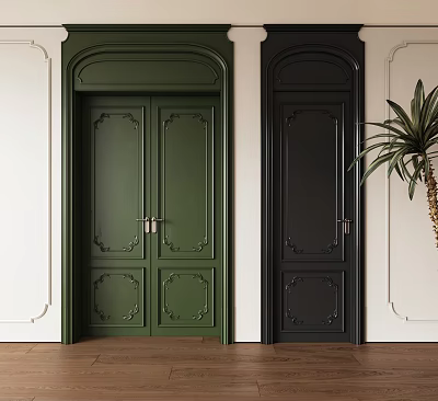 Dark Colored Double Doors With Decorative Panels In Interior With Wooden Floor And Potted Plant 3d model