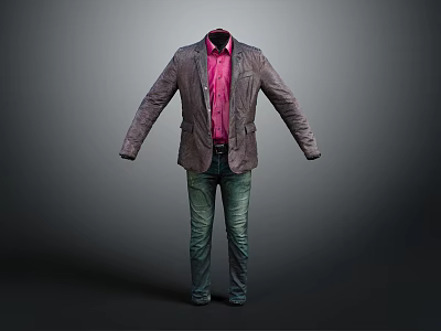 Men's Gray Blazer Paired with Pink Shirt and Blue Jeans Outfit 3d model