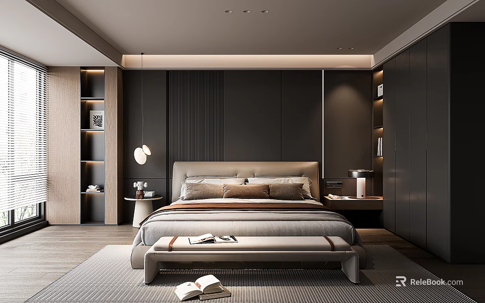 Modern Bedroom Interior Design With Large Bed Bench Bedside Lamp And Neutral Rug 3d model 