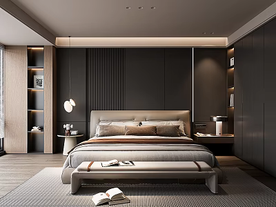 Modern Bedroom Interior Design With Large Bed Bench Bedside Lamp And Neutral Rug 3d model