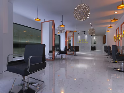 Modern Hair Salon Interior With Stylish Chairs Large Mirrors And Pendant Lights 3d model