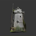 Ancient Stone Windmill Model With Damaged Tower And Surrounding Green Plants