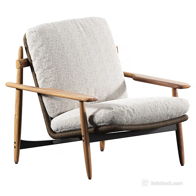 Modern Outdoor Chair With Wooden Frame And Gray Padded Seat Backrest 3d model 