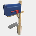Blue Mailbox With Red Door Mounted On Wooden Post For Home Exterior