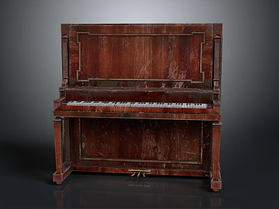Classic Dark Wooden Upright Piano With Intricate Carved Details And White Keys 3d model