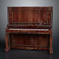 Classic Dark Wooden Upright Piano With Intricate Carved Details And White Keys