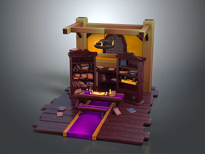 Cartoon Style Scene With Wooden Shelves Purple Path Items And Top Lantern Lighting 3d model