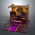 Cartoon Style Scene With Wooden Shelves Purple Path Items And Top Lantern Lighting