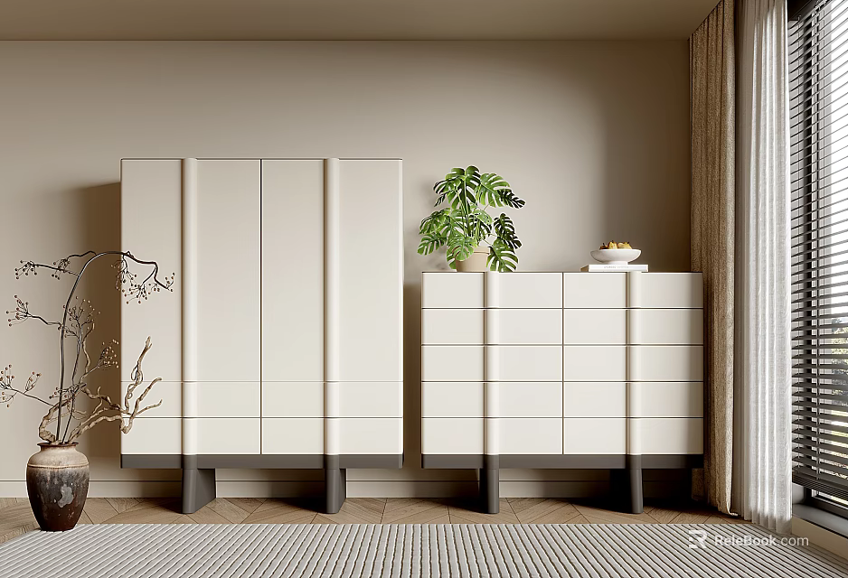 Modern Entryway With White Sleek Console And Side Cabinets Beige Wall Potted Plant And Rug 3d model 