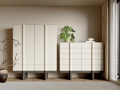 Modern Entryway With White Sleek Console And Side Cabinets Beige Wall Potted Plant And Rug 3d model