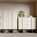Modern Entryway With White Sleek Console And Side Cabinets Beige Wall Potted Plant And Rug