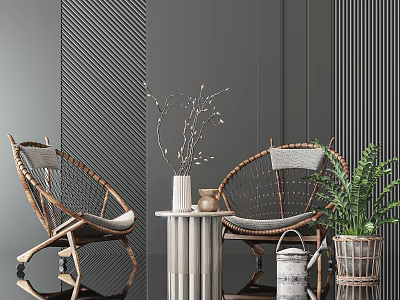Outdoor Table With Wicker Chairs Green Plants And Decorative Branches For Patio Setting 3d model