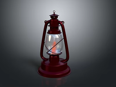 Vintage Red Kerosene Lantern With Glass Shade Metal Frame And Flame 3d model