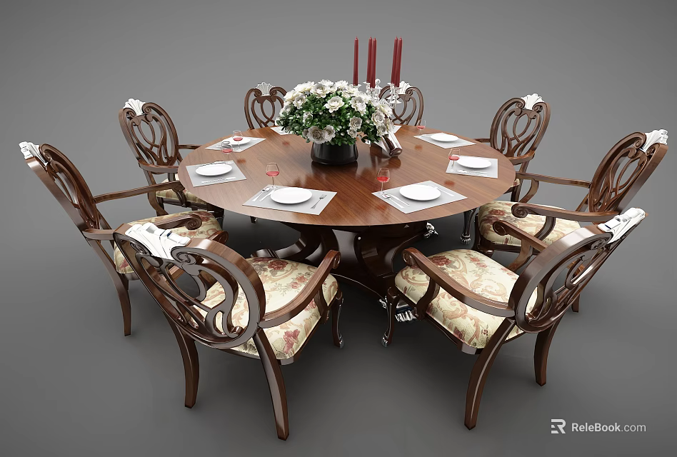 Classical Wooden Round Dining Table Set With Six Carved Chairs Floral Arrangement And Tableware 3d model 