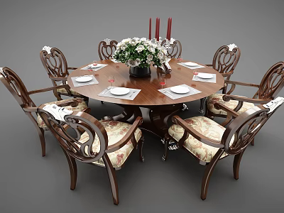 Classical Wooden Round Dining Table Set With Six Carved Chairs Floral Arrangement And Tableware 3d model