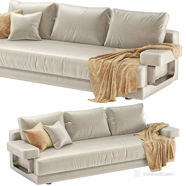 Light Colored Modern Sectional Sofa With Soft Throw Pillows And Cozy Blanket 3d model