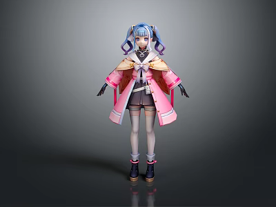 3D Model Game Anime Character With Blue Purple Hair In Pink Coat And Black Skirt 3d model