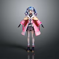 3D Model Game Anime Character With Blue Purple Hair In Pink Coat And Black Skirt