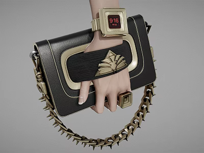 Stylish Black Handbag With Gold Accents Spiked Chain And Digital Watch 3d model