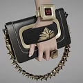 Stylish Black Handbag With Gold Accents Spiked Chain And Digital Watch