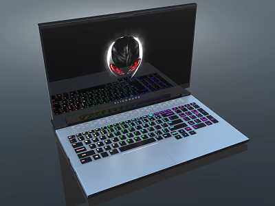 Modern Gaming Laptop with Illuminated Alien Head Logo on Screen and RGB Backlit Keyboard 3d model