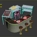 Curved Bar Counter With Light Tiled Base Red Stools White Plates And Red Cups