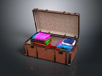 Vintage Open Suitcase With Fabric Lined Interior And Colorful Folded Clothes 3d model