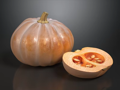Realistic 3D Render of Whole Ripe Pumpkin With Sliced Half Showing Fresh Inner Natural Seeds 3d model