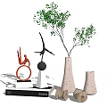 Decorative Ornament Set With Abstract Sculptures Ceramic Vases Green Plants Books And Spools