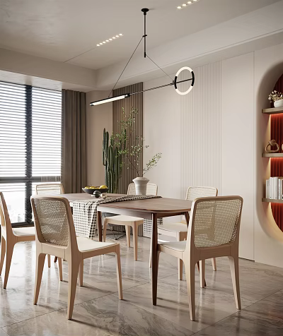 Modern Restaurant Interior With Rattan Chairs Dining Table Window Blinds Decorative Lighting And Vase Decor 3d model