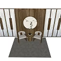 Minimalist Table And Chair Set With Circular Painting On Wooden Striped Wall And Gray Carpet