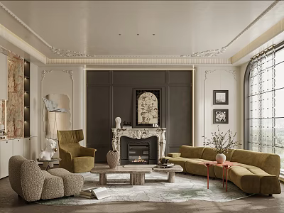 Elegant Classic French Living Room Interior With Ornate Marble Fireplace And Comfortable Velvet Sofas 3d model