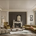 Elegant Classic French Living Room Interior With Ornate Marble Fireplace And Comfortable Velvet Sofas