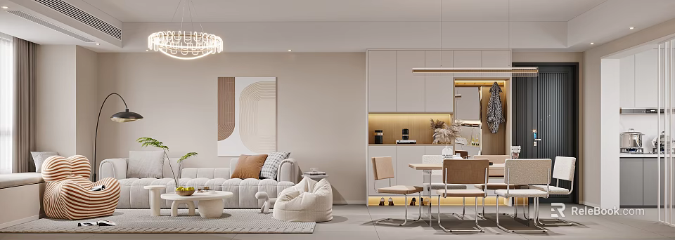 Modern Living Dining Room Interior With Beige Sofa Pillows Dining Table Chairs Chandelier Abstract Painting 3d model 