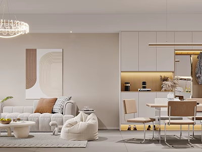 Modern Living Dining Room Interior With Beige Sofa Pillows Dining Table Chairs Chandelier Abstract Painting 3d model